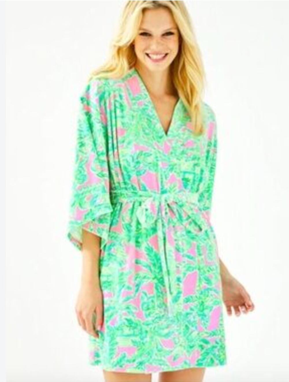 Lilly Pulitzer Womens S/M Green Pink Floral Fluffy Soft Tie Waist Robe NEW